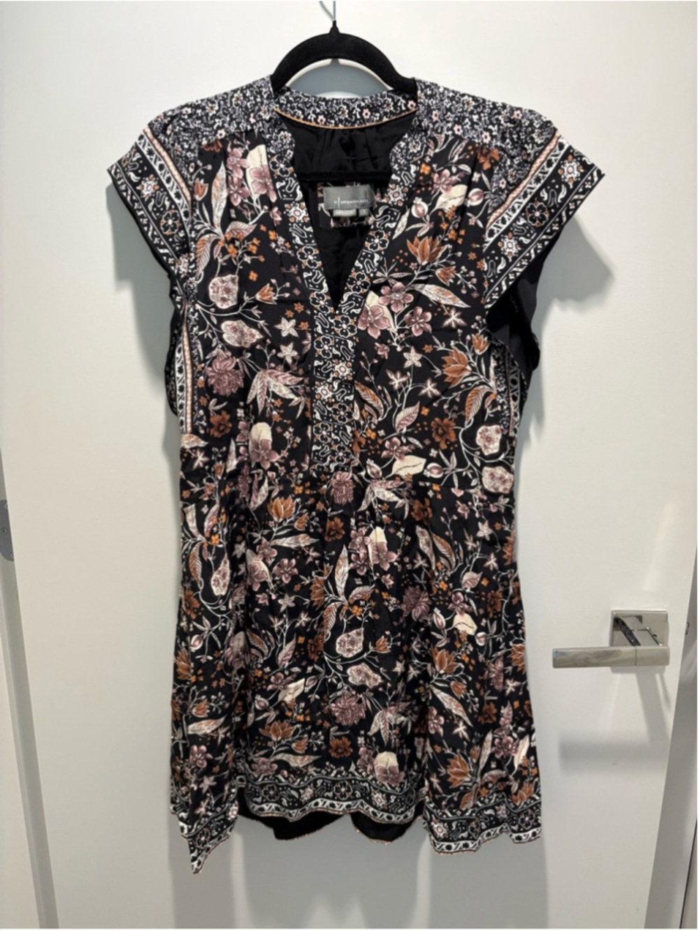 Anthropologie Black Floral Split-Neck Mini Dress